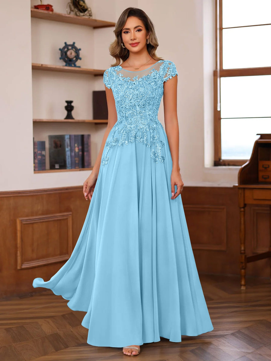 A-Line/Princess Scoop Neck Short Sleeves Floor-Length Mother of the Bride Dresses with Appliques - Image 32