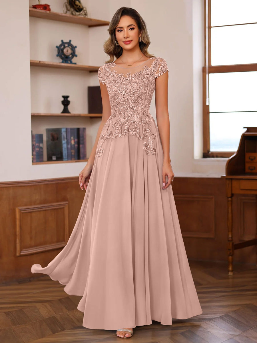 A-Line/Princess Scoop Neck Short Sleeves Floor-Length Mother of the Bride Dresses with Appliques - Image 34