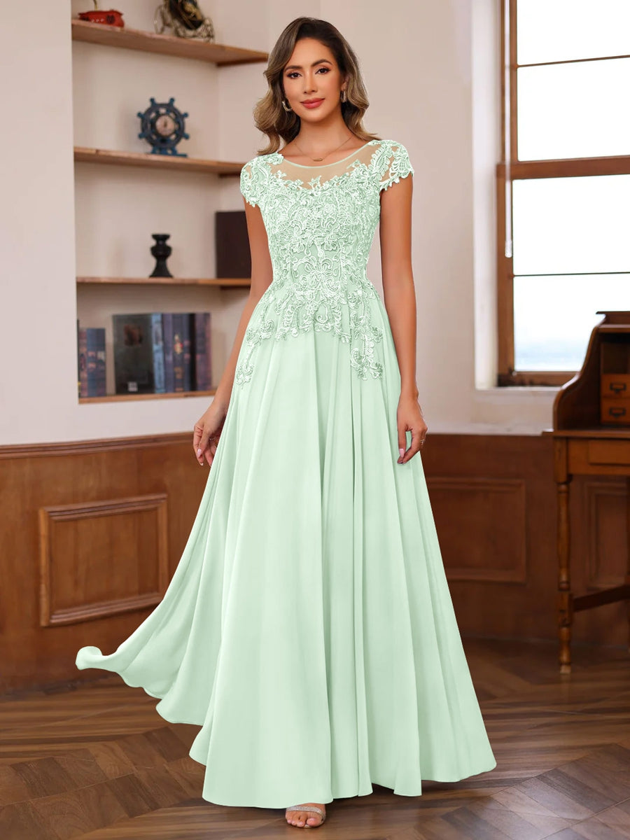 A-Line/Princess Scoop Neck Short Sleeves Floor-Length Mother of the Bride Dresses with Appliques - Image 35