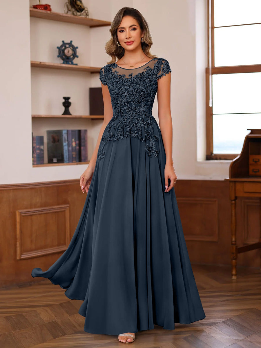 A-Line/Princess Scoop Neck Short Sleeves Floor-Length Mother of the Bride Dresses with Appliques - Image 37