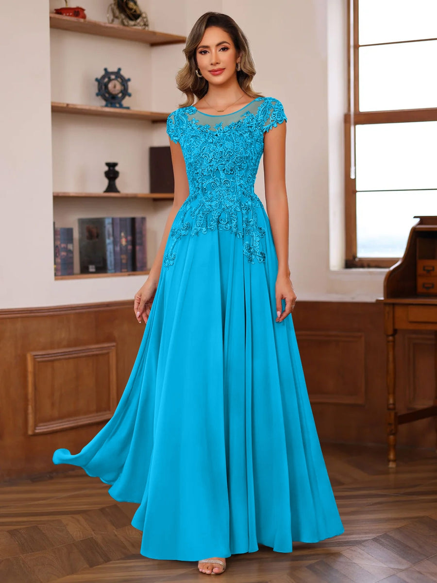 A-Line/Princess Scoop Neck Short Sleeves Floor-Length Mother of the Bride Dresses with Appliques - Image 38