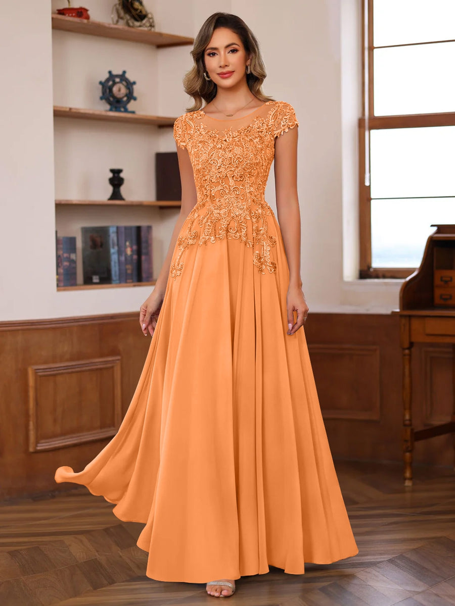 A-Line/Princess Scoop Neck Short Sleeves Floor-Length Mother of the Bride Dresses with Appliques - Image 39