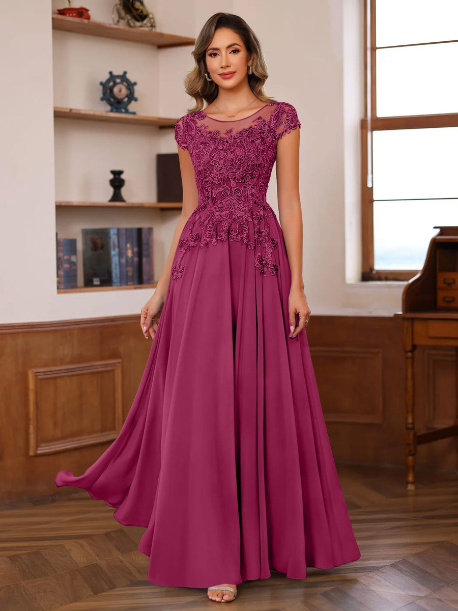 A-Line/Princess Scoop Neck Short Sleeves Floor-Length Mother of the Bride Dresses with Appliques - Image 40