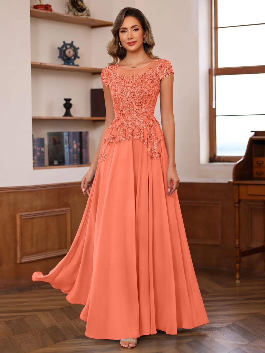 A-Line/Princess Scoop Neck Short Sleeves Floor-Length Mother of the Bride Dresses with Appliques - Image 41