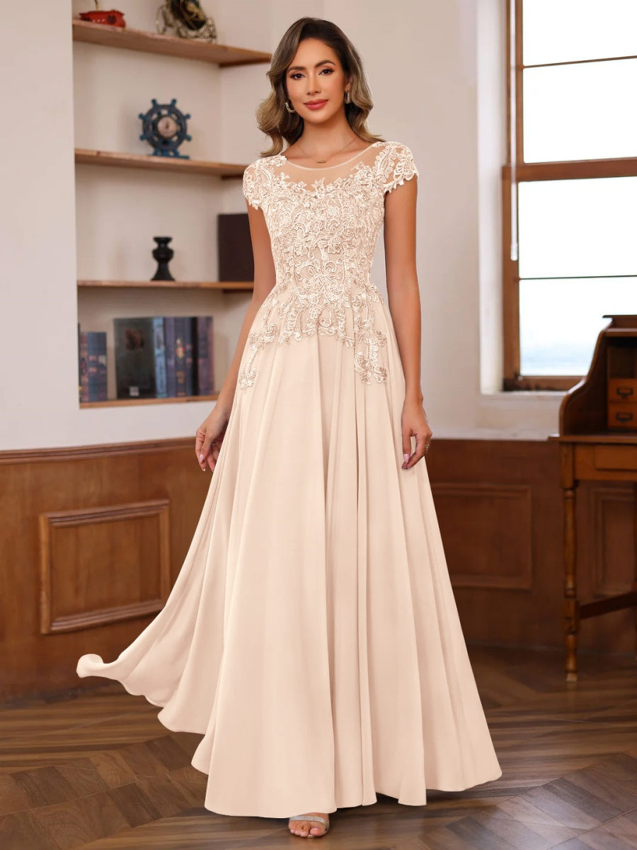 A-Line/Princess Scoop Neck Short Sleeves Floor-Length Mother of the Bride Dresses with Appliques - Image 42