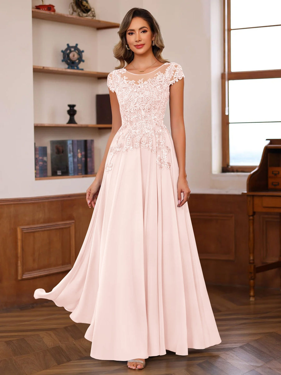 A-Line/Princess Scoop Neck Short Sleeves Floor-Length Mother of the Bride Dresses with Appliques - Image 43