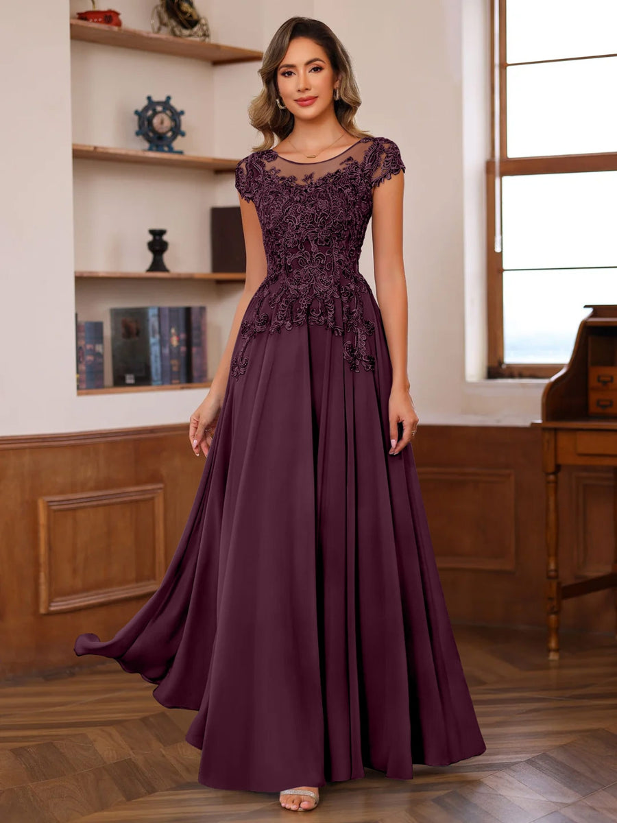 A-Line/Princess Scoop Neck Short Sleeves Floor-Length Mother of the Bride Dresses with Appliques - Image 44