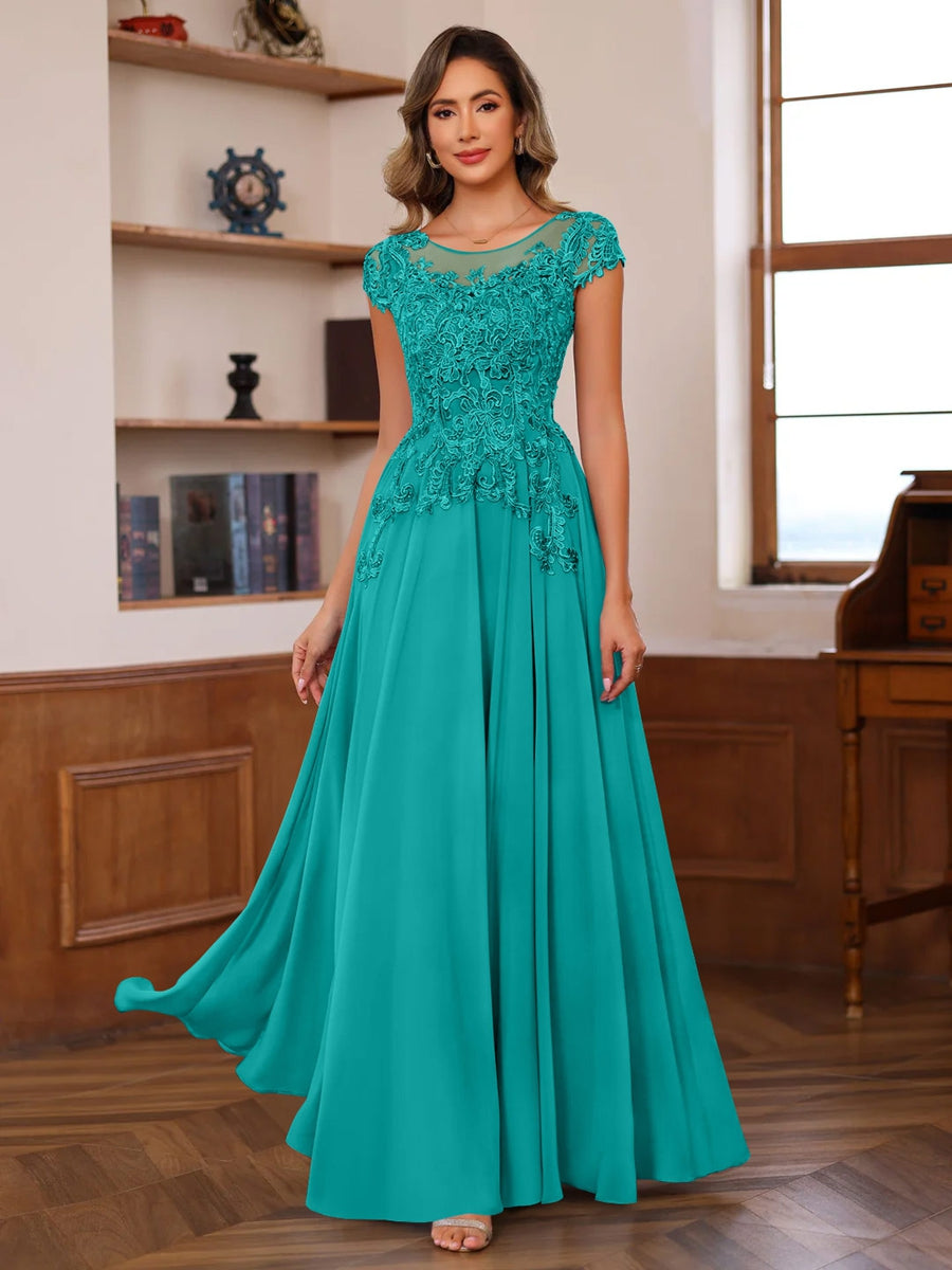 A-Line/Princess Scoop Neck Short Sleeves Floor-Length Mother of the Bride Dresses with Appliques - Image 45