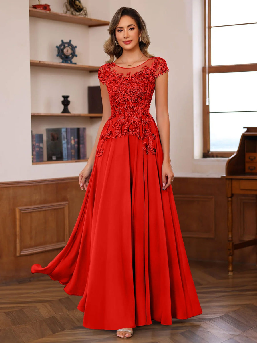 A-Line/Princess Scoop Neck Short Sleeves Floor-Length Mother of the Bride Dresses with Appliques - Image 46