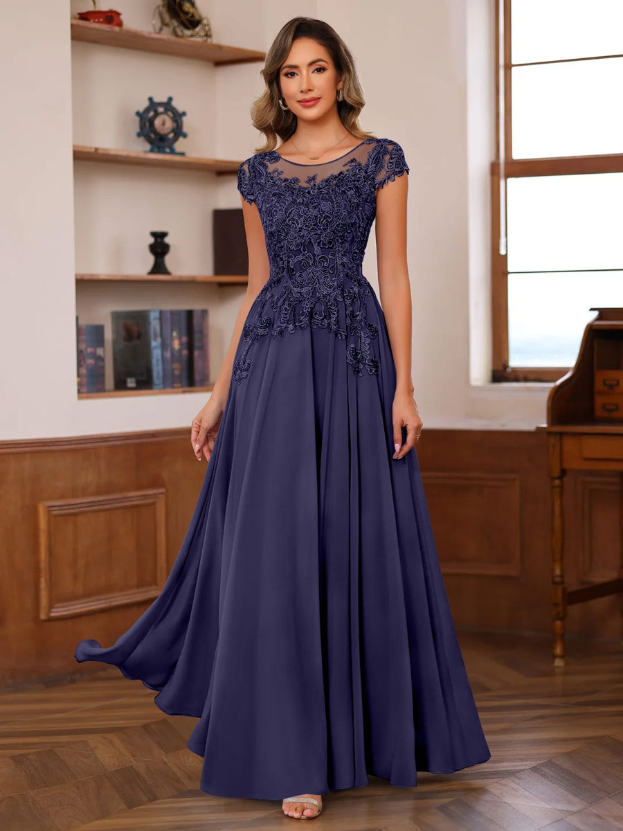 A-Line/Princess Scoop Neck Short Sleeves Floor-Length Mother of the Bride Dresses with Appliques - Image 47
