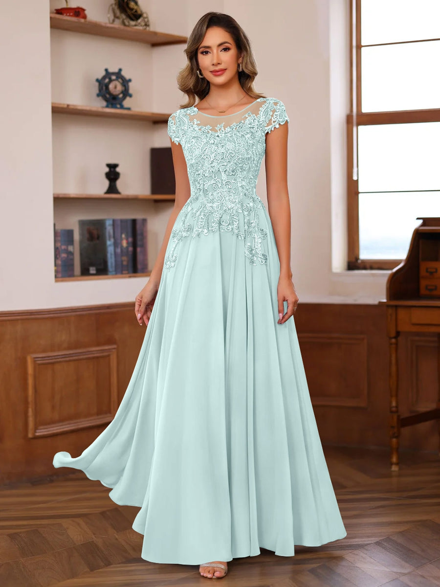 A-Line/Princess Scoop Neck Short Sleeves Floor-Length Mother of the Bride Dresses with Appliques - Image 51