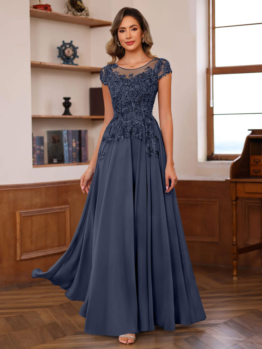 A-Line/Princess Scoop Neck Short Sleeves Floor-Length Mother of the Bride Dresses with Appliques - Image 53