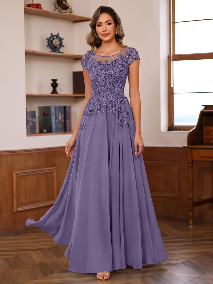 A-Line/Princess Scoop Neck Short Sleeves Floor-Length Mother of the Bride Dresses with Appliques - Image 54
