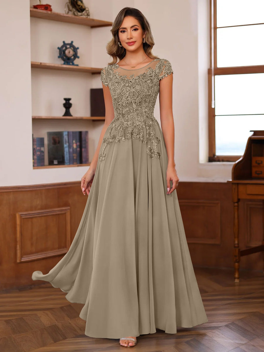 A-Line/Princess Scoop Neck Short Sleeves Floor-Length Mother of the Bride Dresses with Appliques - Image 55
