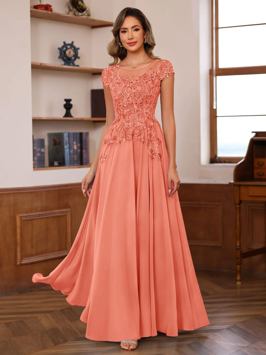 A-Line/Princess Scoop Neck Short Sleeves Floor-Length Mother of the Bride Dresses with Appliques - Image 56