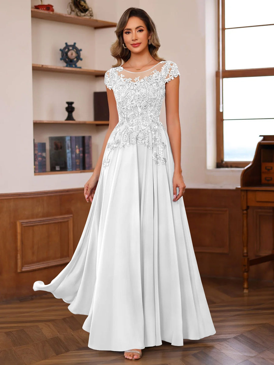 A-Line/Princess Scoop Neck Short Sleeves Floor-Length Mother of the Bride Dresses with Appliques - Image 57