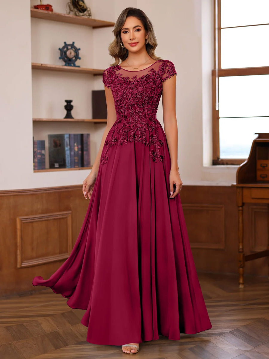 A-Line/Princess Scoop Neck Short Sleeves Floor-Length Mother of the Bride Dresses with Appliques - Image 58
