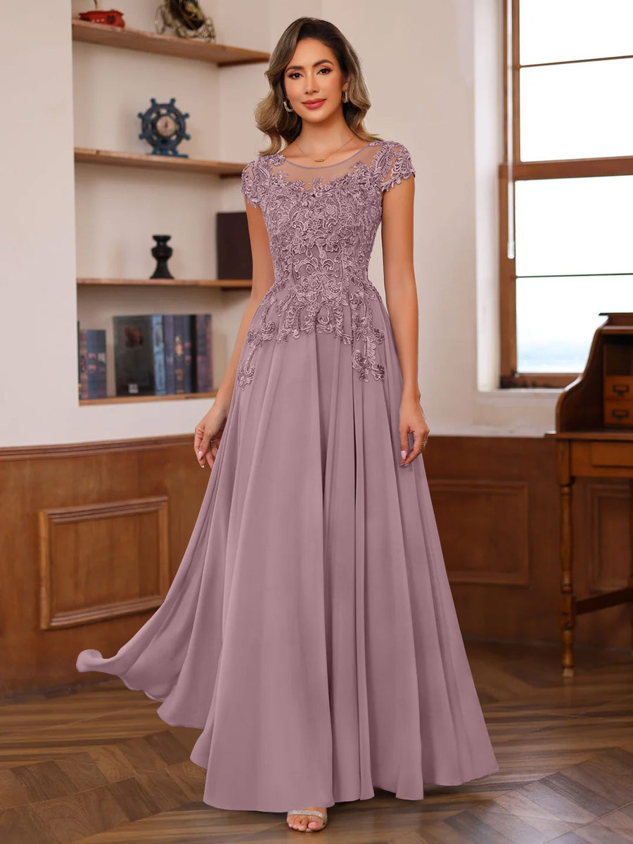 A-Line/Princess Scoop Neck Short Sleeves Floor-Length Mother of the Bride Dresses with Appliques - Image 59