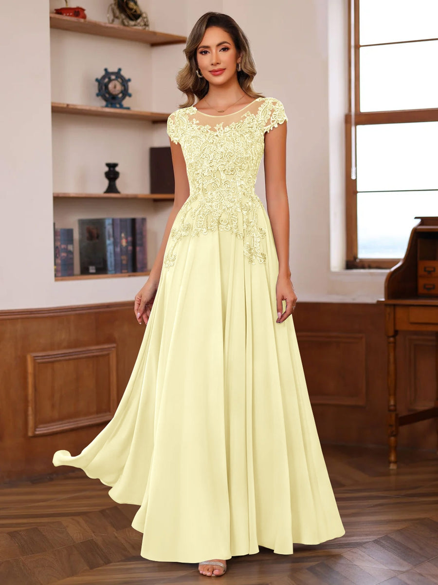 A-Line/Princess Scoop Neck Short Sleeves Floor-Length Mother of the Bride Dresses with Appliques - Image 60