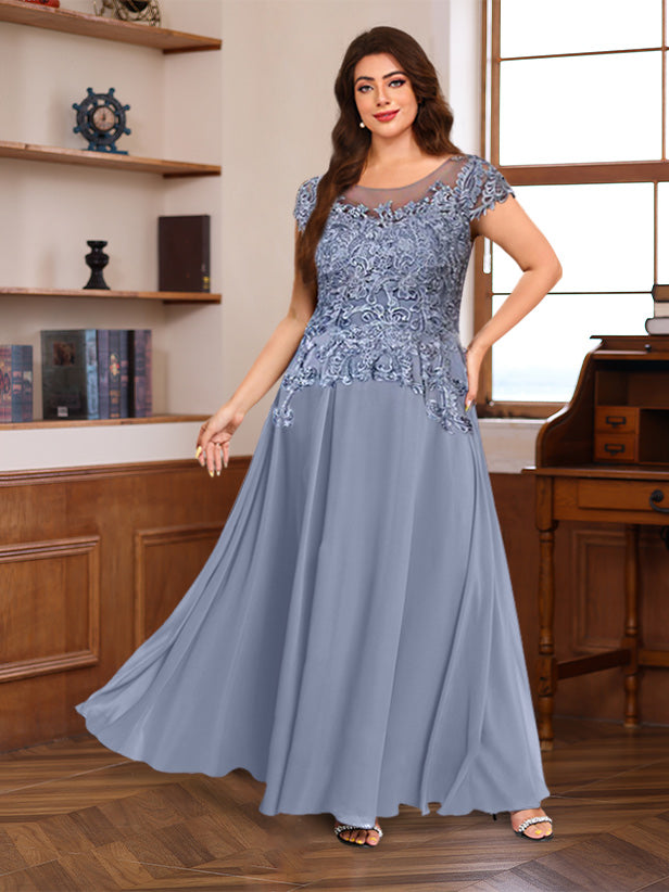A-Line/Princess Scoop Neck Short Sleeves Floor-Length Mother of the Bride Dresses with Appliques - Image 3