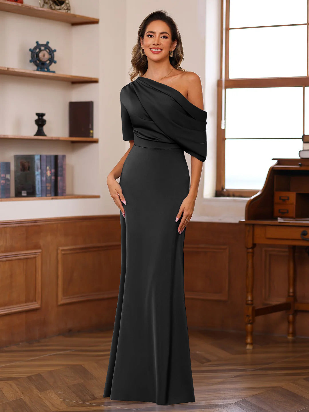 Sheath/Column One-Shoulder Half Sleeves Floor-Length Silk Satin Mother of the Bride Dresses with Ruffles - 이미지 8