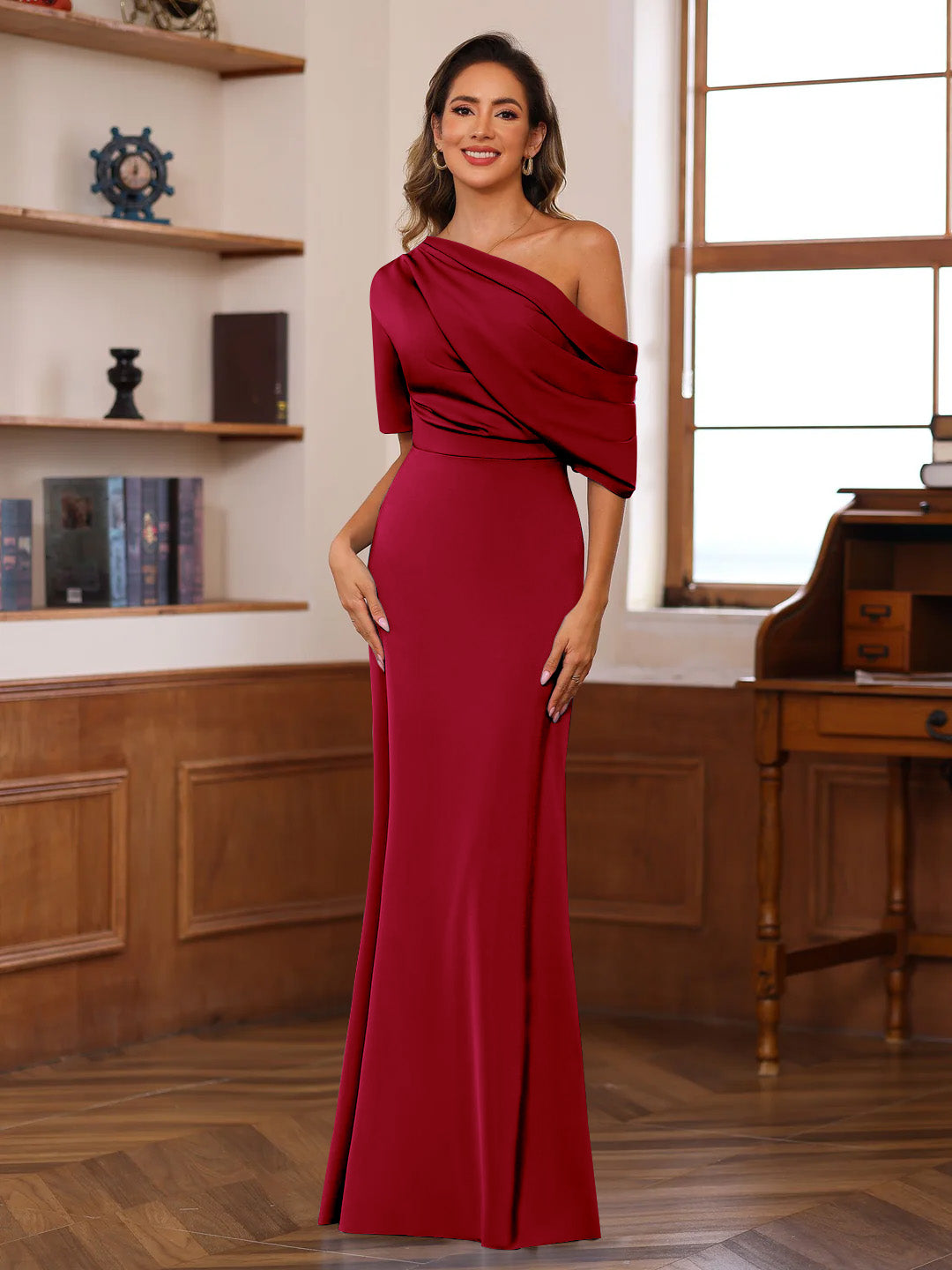 Sheath/Column One-Shoulder Half Sleeves Floor-Length Silk Satin Mother of the Bride Dresses with Ruffles - 이미지 22