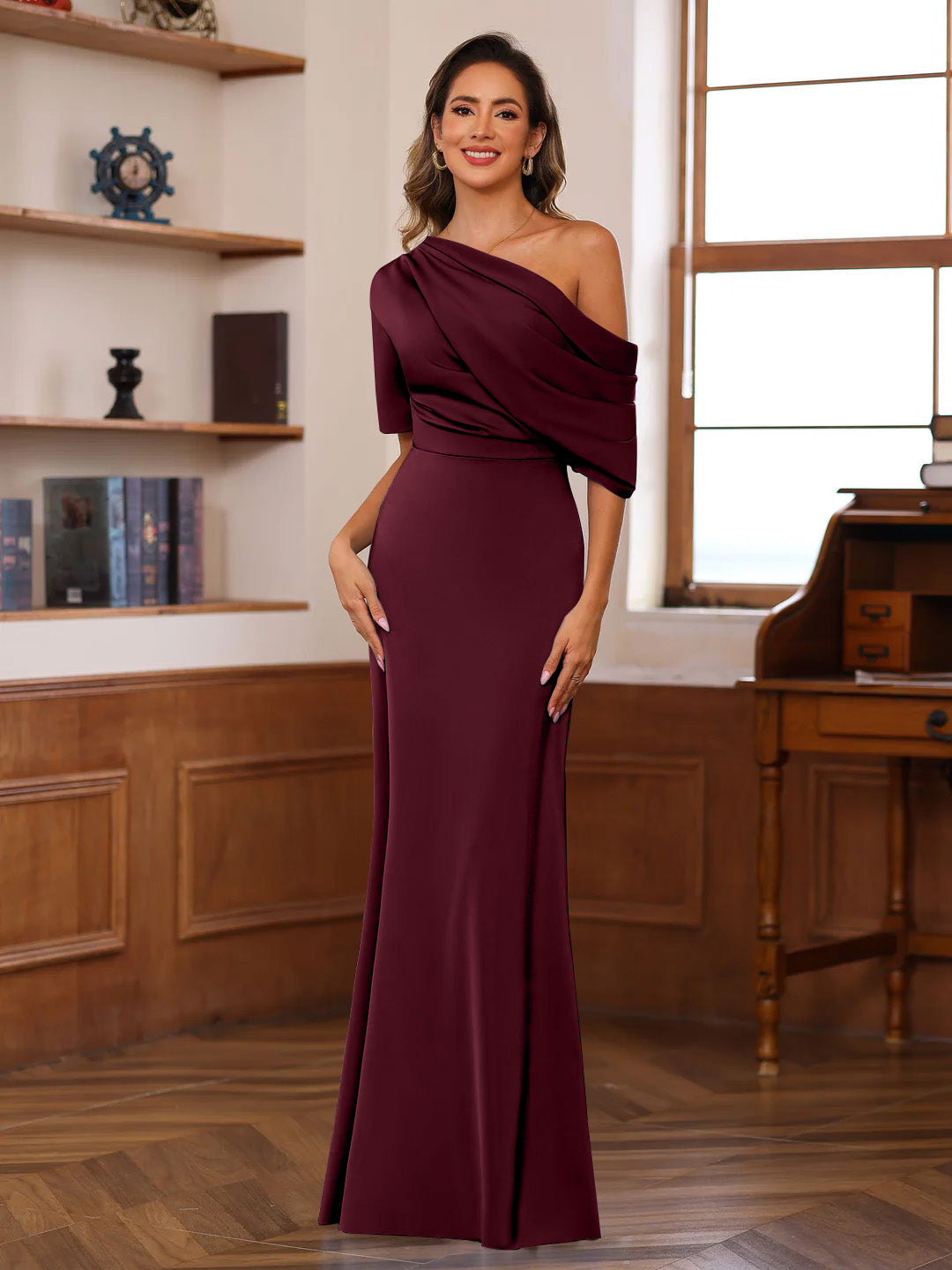 Sheath/Column One-Shoulder Half Sleeves Floor-Length Silk Satin Mother of the Bride Dresses with Ruffles - 이미지 23