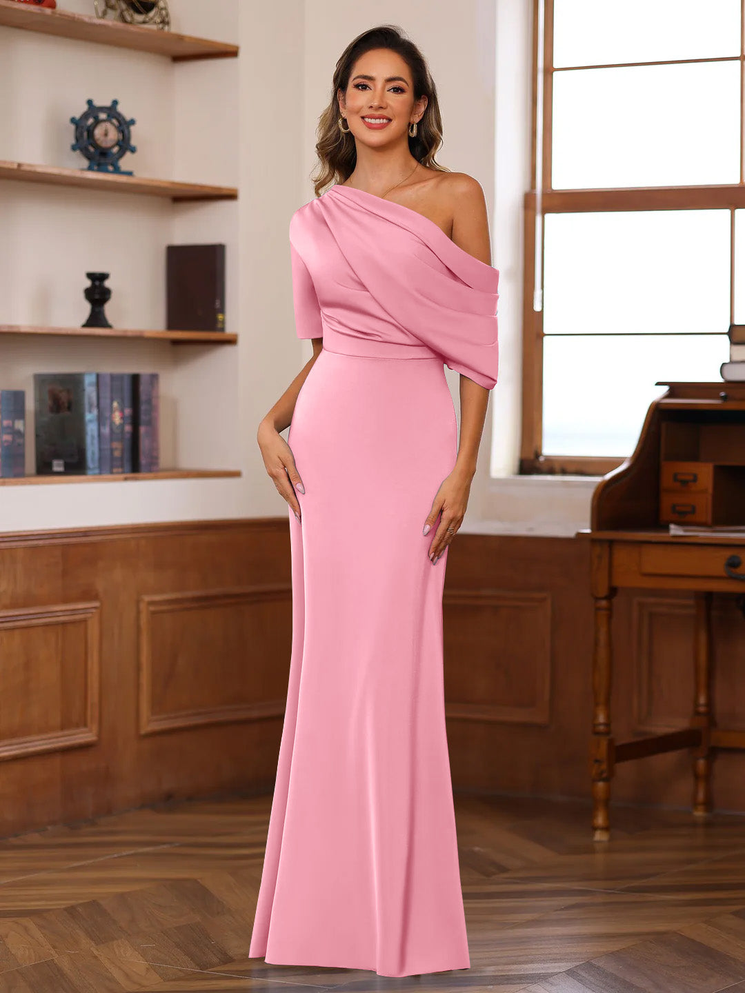 Sheath/Column One-Shoulder Half Sleeves Floor-Length Silk Satin Mother of the Bride Dresses with Ruffles - 이미지 24