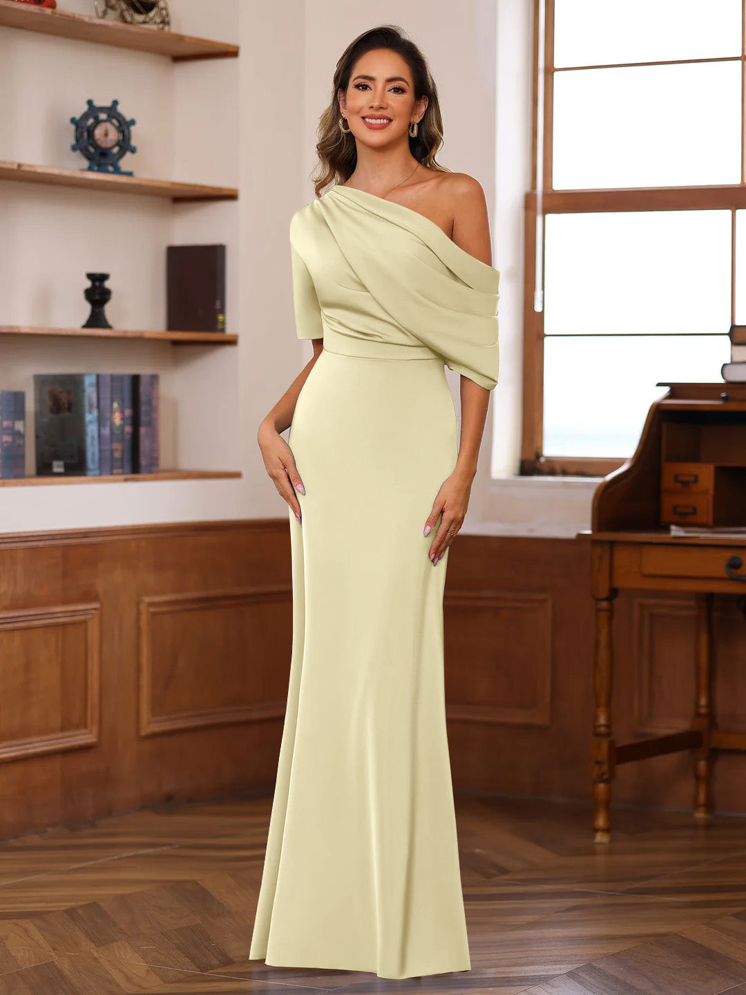 Sheath/Column One-Shoulder Half Sleeves Floor-Length Silk Satin Mother of the Bride Dresses with Ruffles - 이미지 13