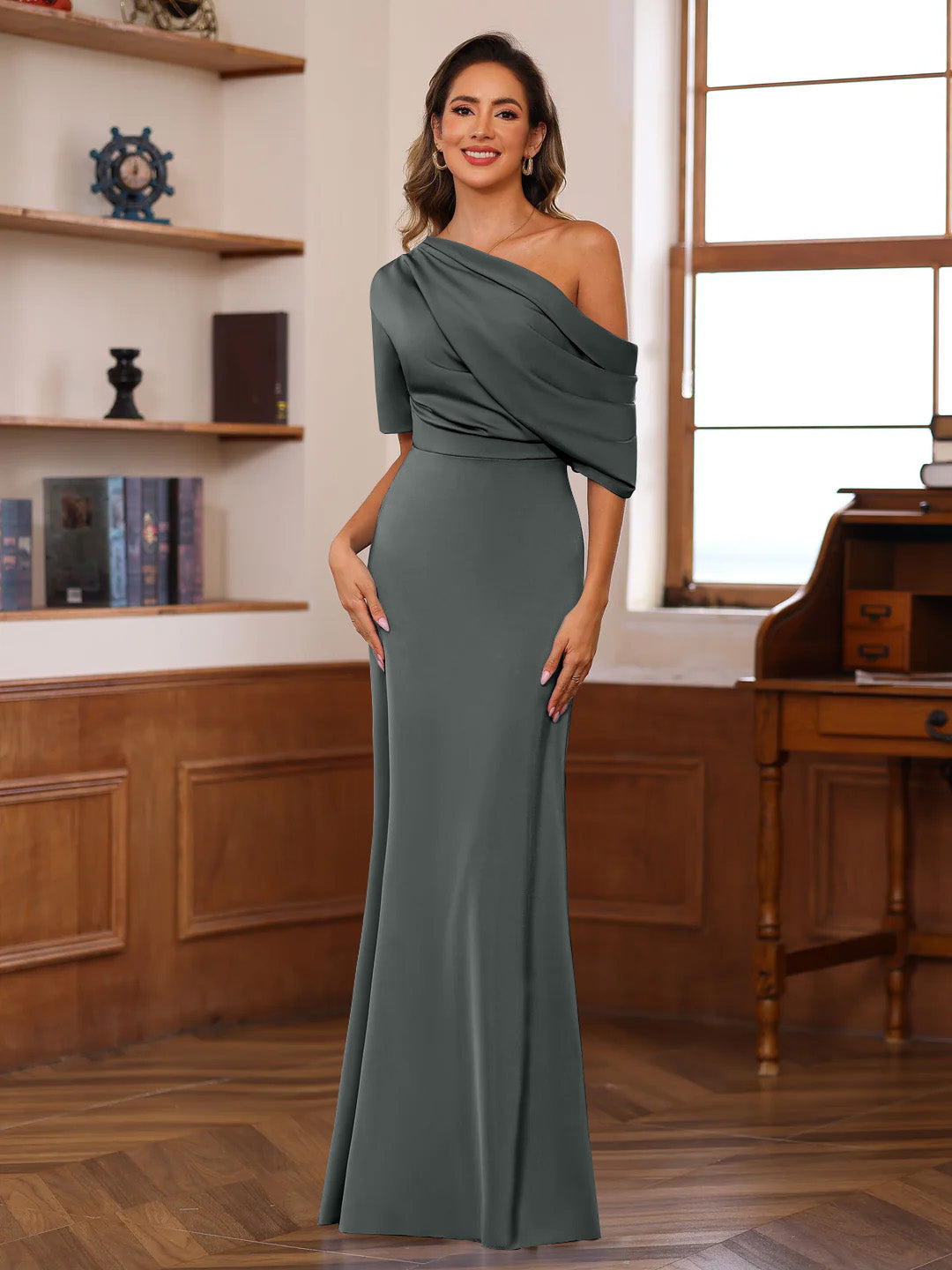 Sheath/Column One-Shoulder Half Sleeves Floor-Length Silk Satin Mother of the Bride Dresses with Ruffles - 이미지 25