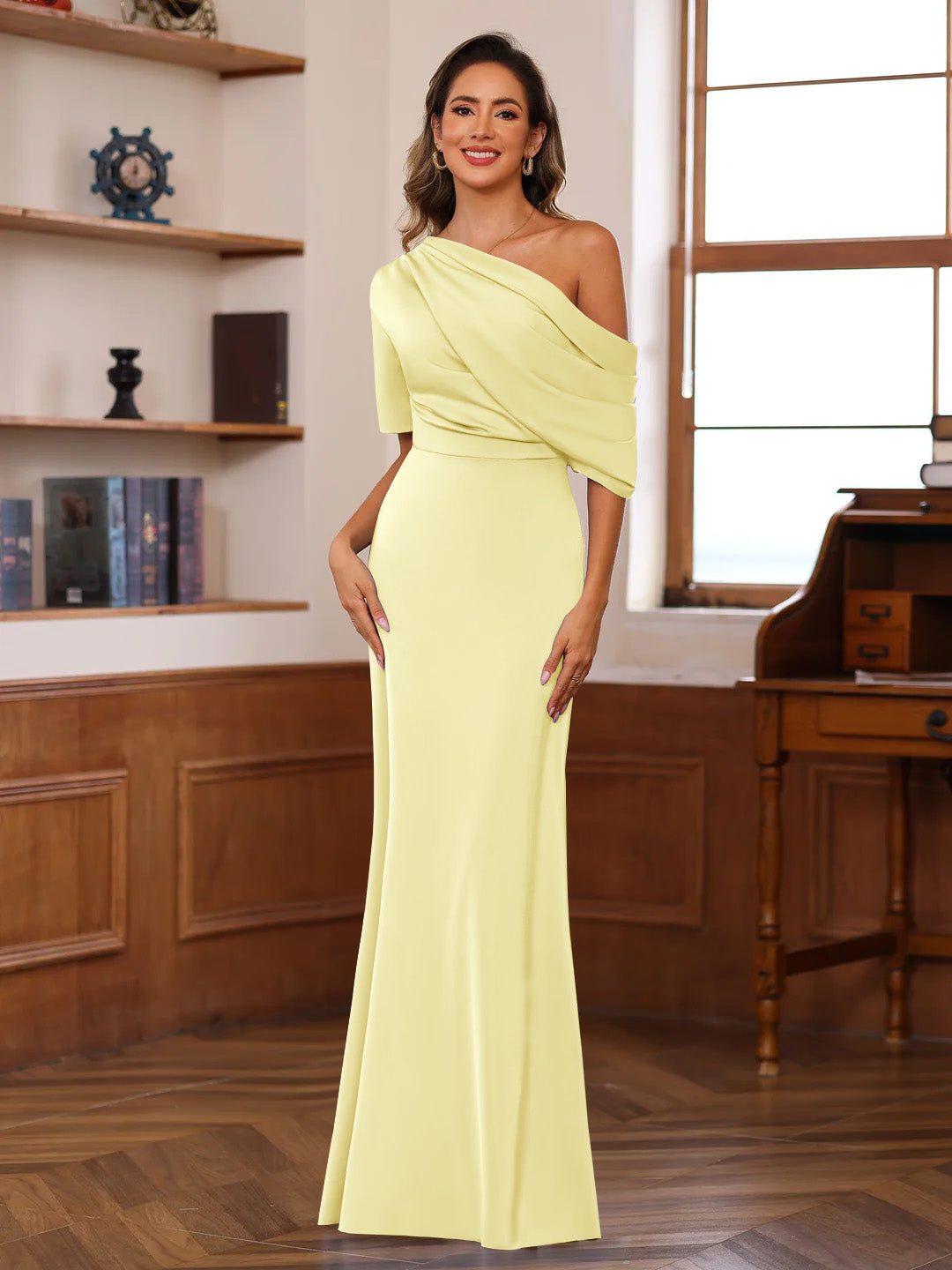 Sheath/Column One-Shoulder Half Sleeves Floor-Length Silk Satin Mother of the Bride Dresses with Ruffles - 이미지 14