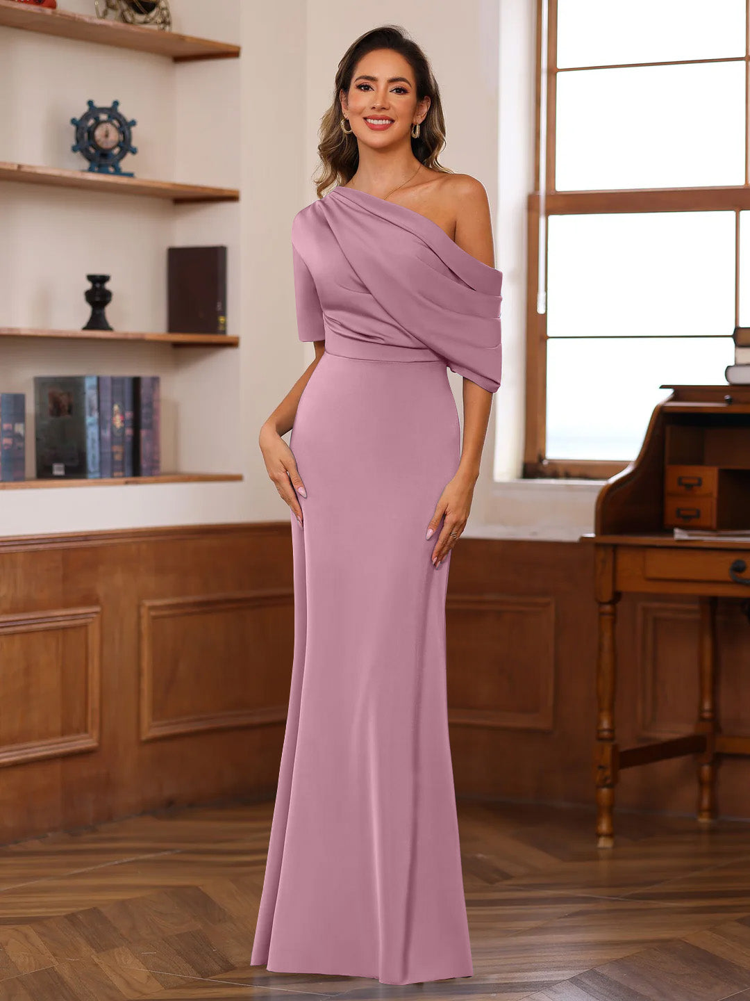 Sheath/Column One-Shoulder Half Sleeves Floor-Length Silk Satin Mother of the Bride Dresses with Ruffles - 이미지 31