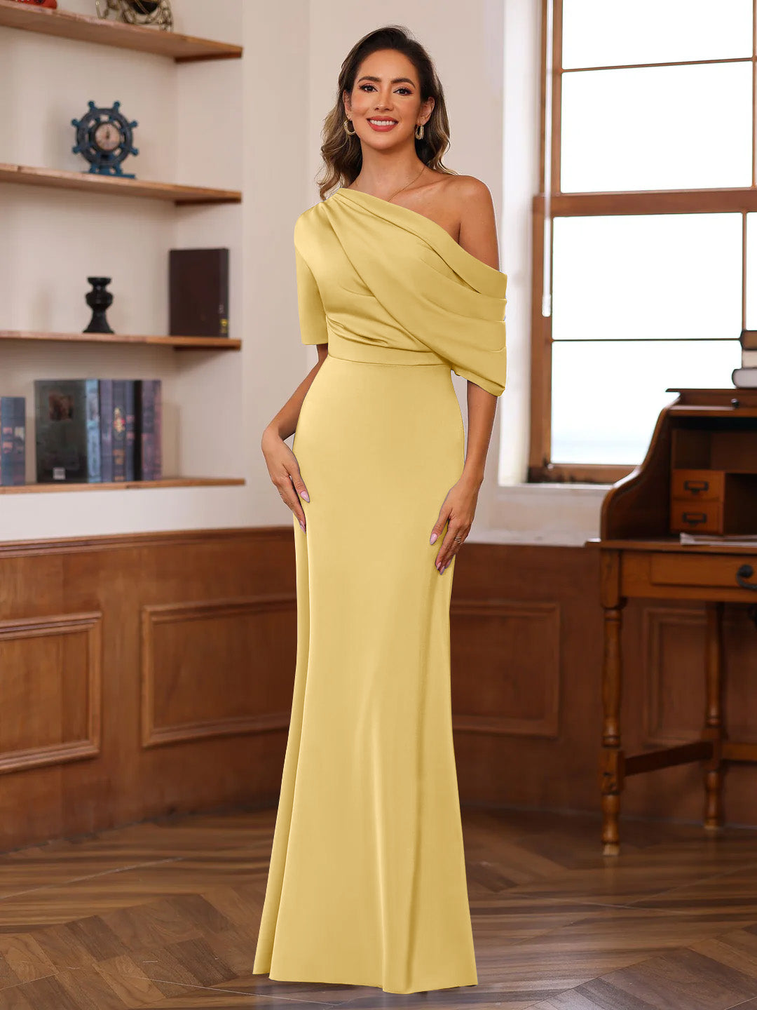 Sheath/Column One-Shoulder Half Sleeves Floor-Length Silk Satin Mother of the Bride Dresses with Ruffles - 이미지 34