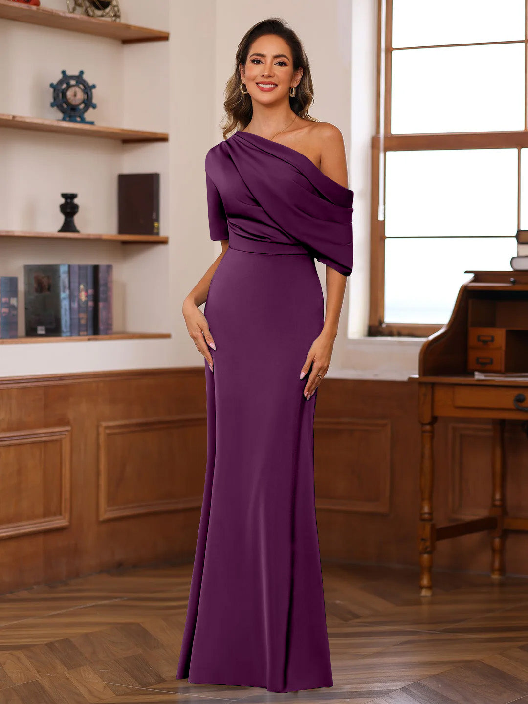 Sheath/Column One-Shoulder Half Sleeves Floor-Length Silk Satin Mother of the Bride Dresses with Ruffles - 이미지 35