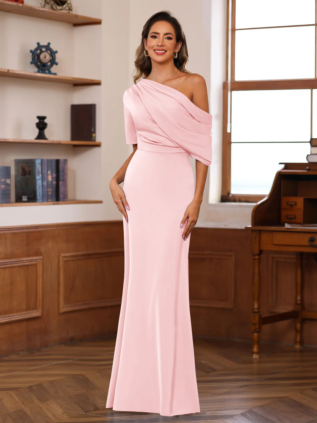Sheath/Column One-Shoulder Half Sleeves Floor-Length Silk Satin Mother of the Bride Dresses with Ruffles - 이미지 36