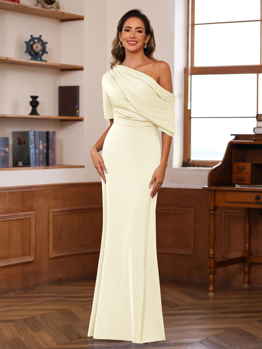 Sheath/Column One-Shoulder Half Sleeves Floor-Length Silk Satin Mother of the Bride Dresses with Ruffles - 이미지 16
