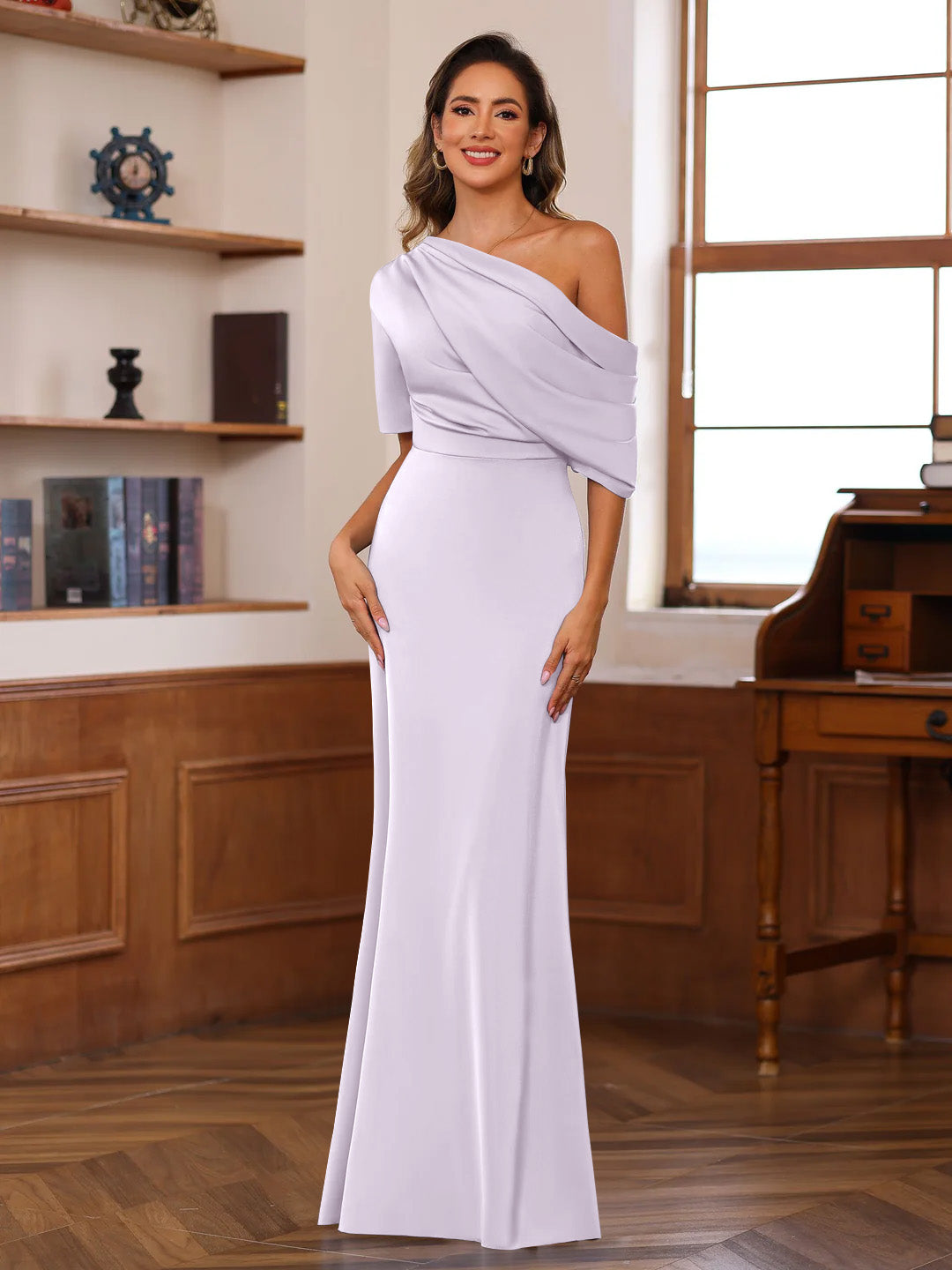 Sheath/Column One-Shoulder Half Sleeves Floor-Length Silk Satin Mother of the Bride Dresses with Ruffles - 이미지 39