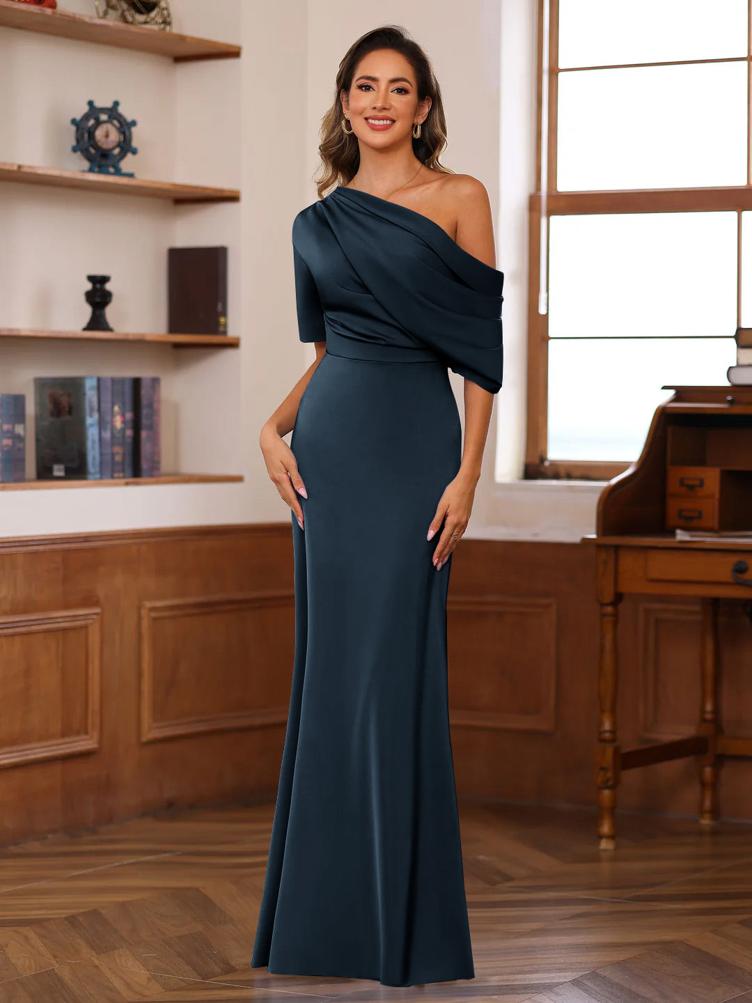 Sheath/Column One-Shoulder Half Sleeves Floor-Length Silk Satin Mother of the Bride Dresses with Ruffles - 이미지 9