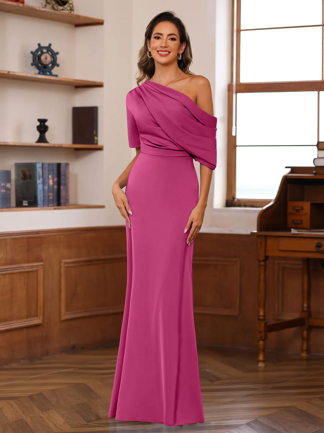 Sheath/Column One-Shoulder Half Sleeves Floor-Length Silk Satin Mother of the Bride Dresses with Ruffles - 이미지 18