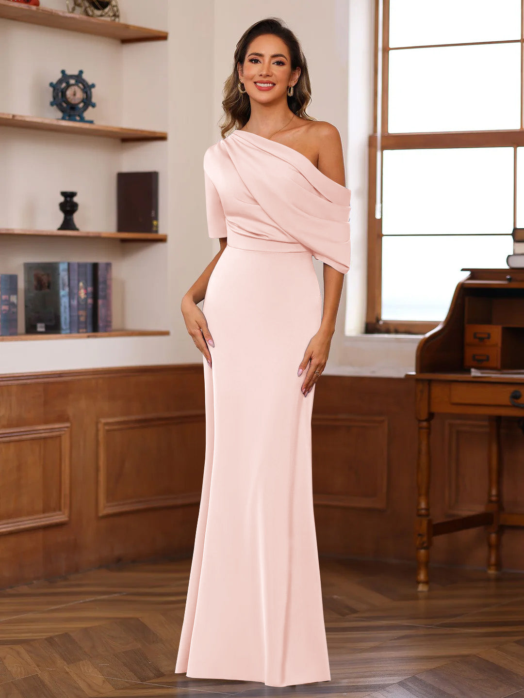 Sheath/Column One-Shoulder Half Sleeves Floor-Length Silk Satin Mother of the Bride Dresses with Ruffles - 이미지 42