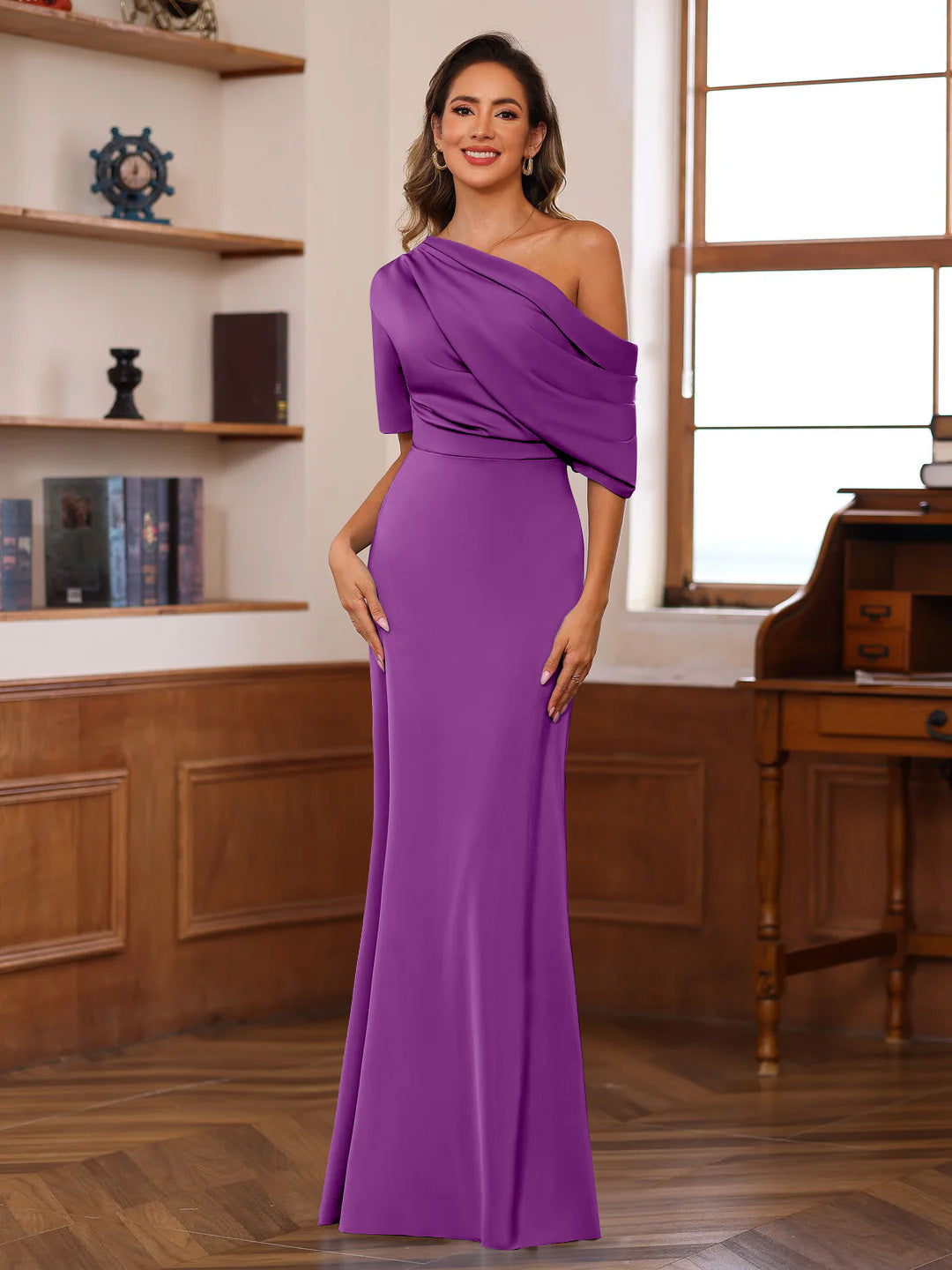Sheath/Column One-Shoulder Half Sleeves Floor-Length Silk Satin Mother of the Bride Dresses with Ruffles - 이미지 43