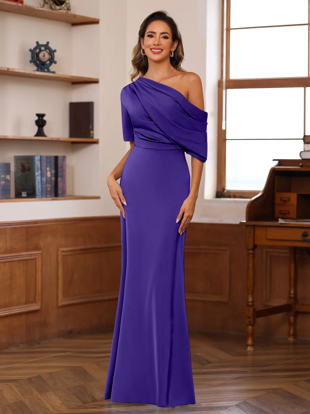 Sheath/Column One-Shoulder Half Sleeves Floor-Length Silk Satin Mother of the Bride Dresses with Ruffles - 이미지 20