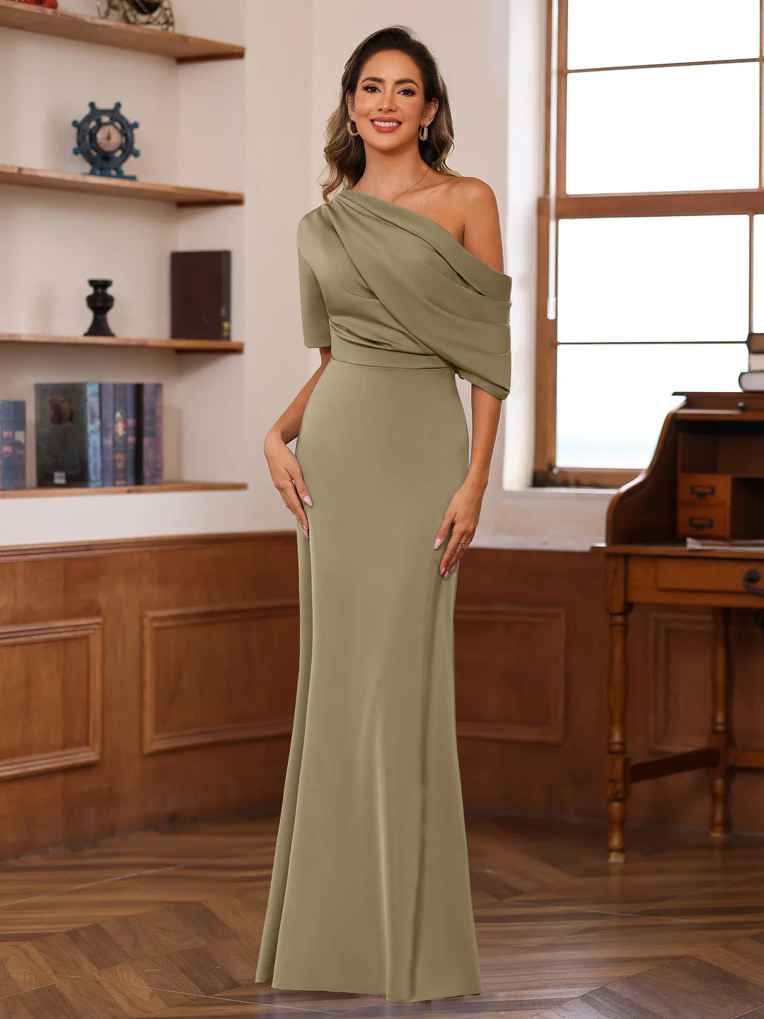 Sheath/Column One-Shoulder Half Sleeves Floor-Length Silk Satin Mother of the Bride Dresses with Ruffles - 이미지 21