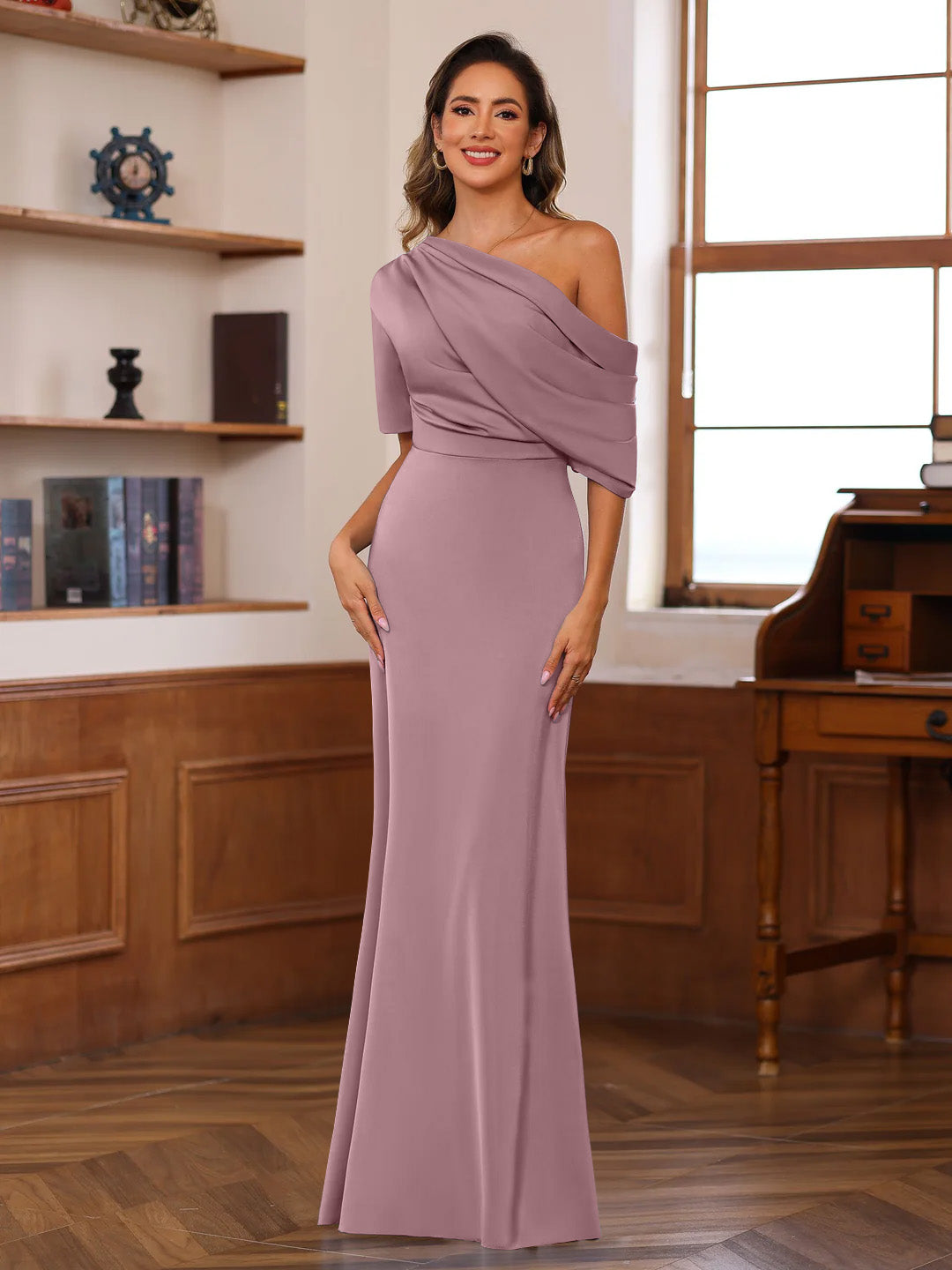 Sheath/Column One-Shoulder Half Sleeves Floor-Length Silk Satin Mother of the Bride Dresses with Ruffles - 이미지 52