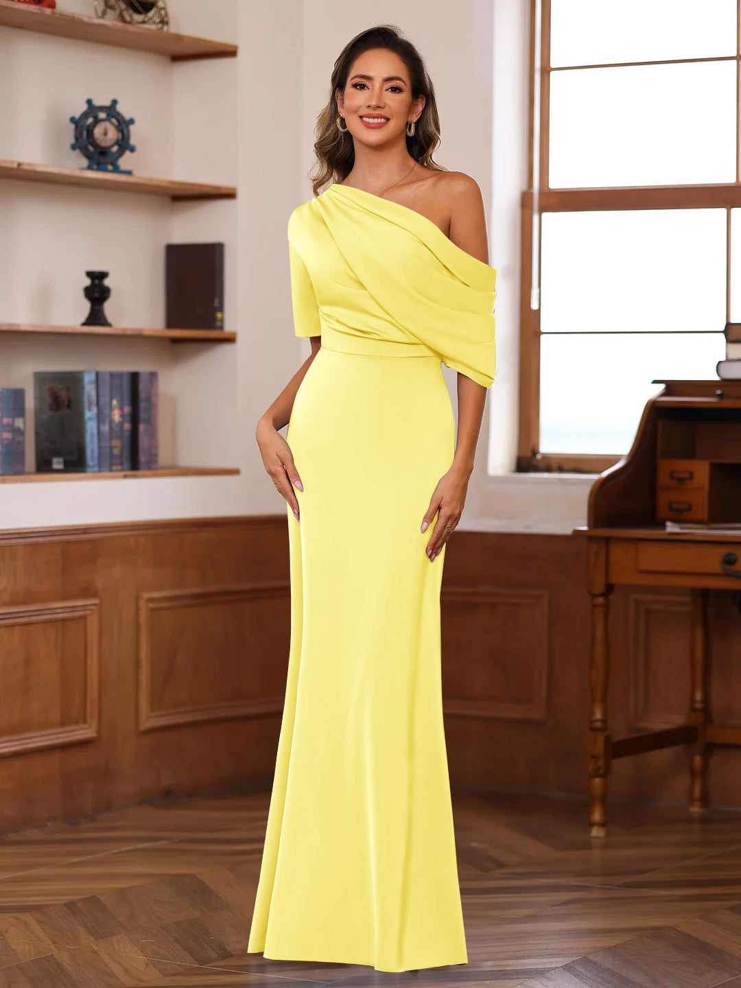 Sheath/Column One-Shoulder Half Sleeves Floor-Length Silk Satin Mother of the Bride Dresses with Ruffles - 이미지 53