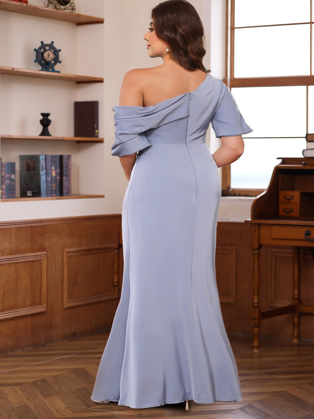 Sheath/Column One-Shoulder Half Sleeves Floor-Length Silk Satin Plus Size Mother of the Bride Dresses with Ruffles - 이미지 2