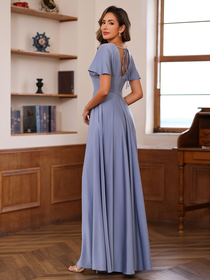 A-Line/Princess V-Neck Short Sleeves Floor-Length Mother of the Bride long Dresses with Ruffles - 이미지 5