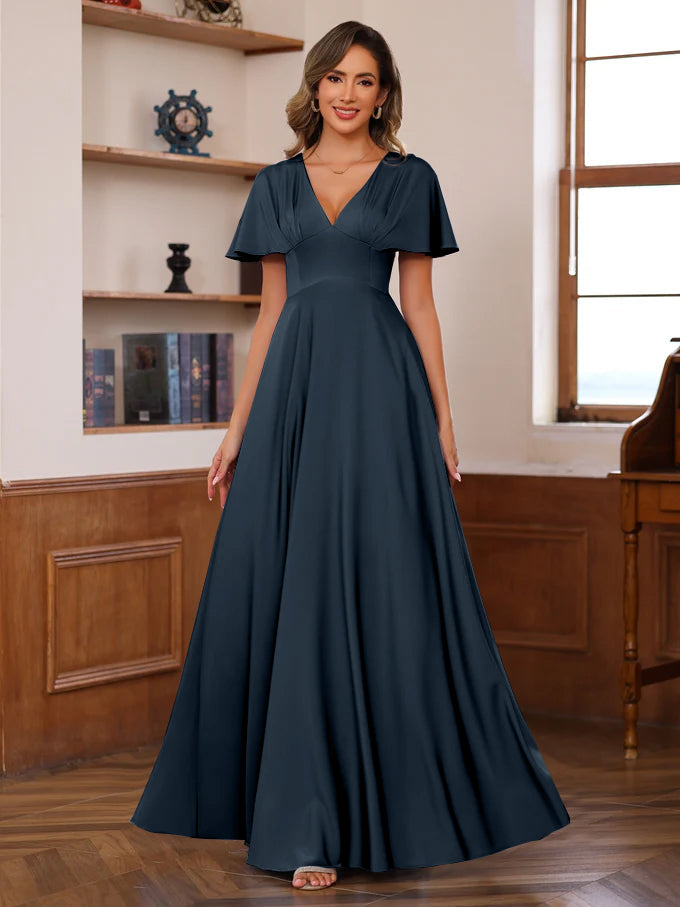 A-Line/Princess V-Neck Short Sleeves Floor-Length Mother of the Bride long Dresses with Ruffles - 이미지 9