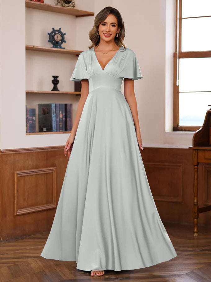 A-Line/Princess V-Neck Short Sleeves Floor-Length Mother of the Bride long Dresses with Ruffles - 이미지 10
