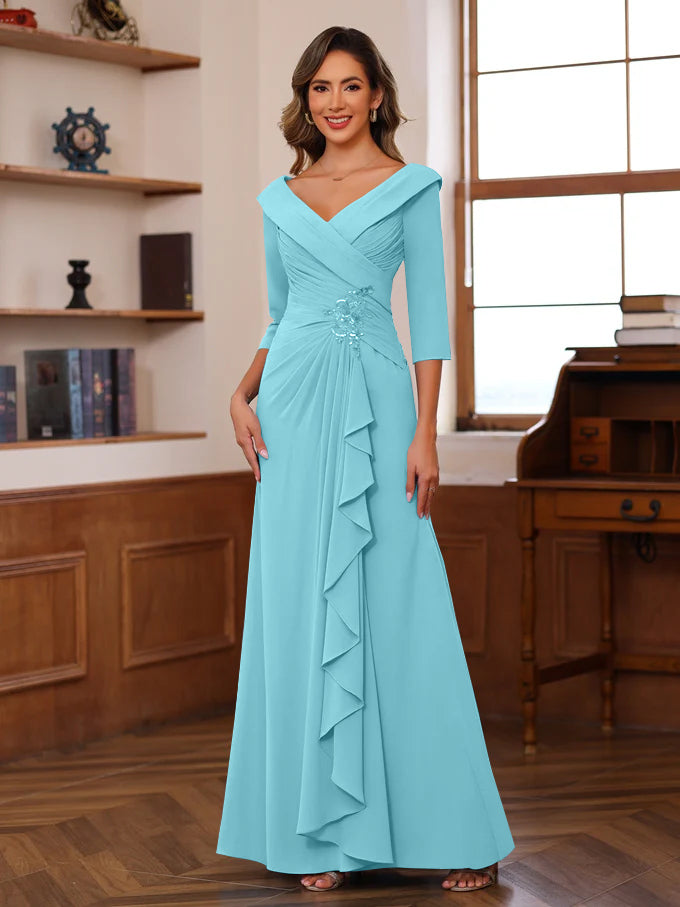 Sheath/Column V-Neck 3/4 Length Sleeves Floor-Length Unique Mother of the Bride Dresses with Ruffles & Appliques - Image 20